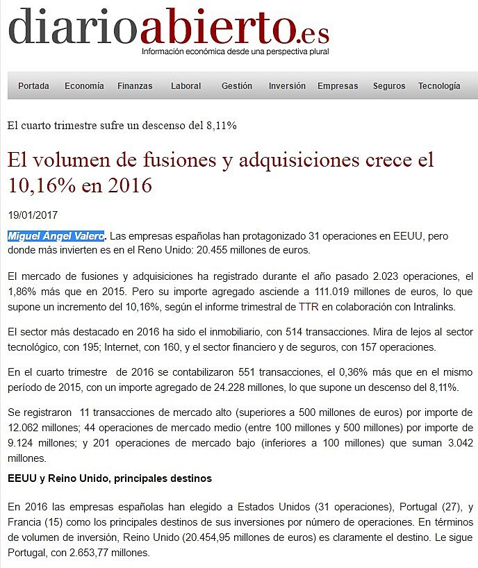 El volumen de fusiones y adquisiciones crece el 10,16% en 2016